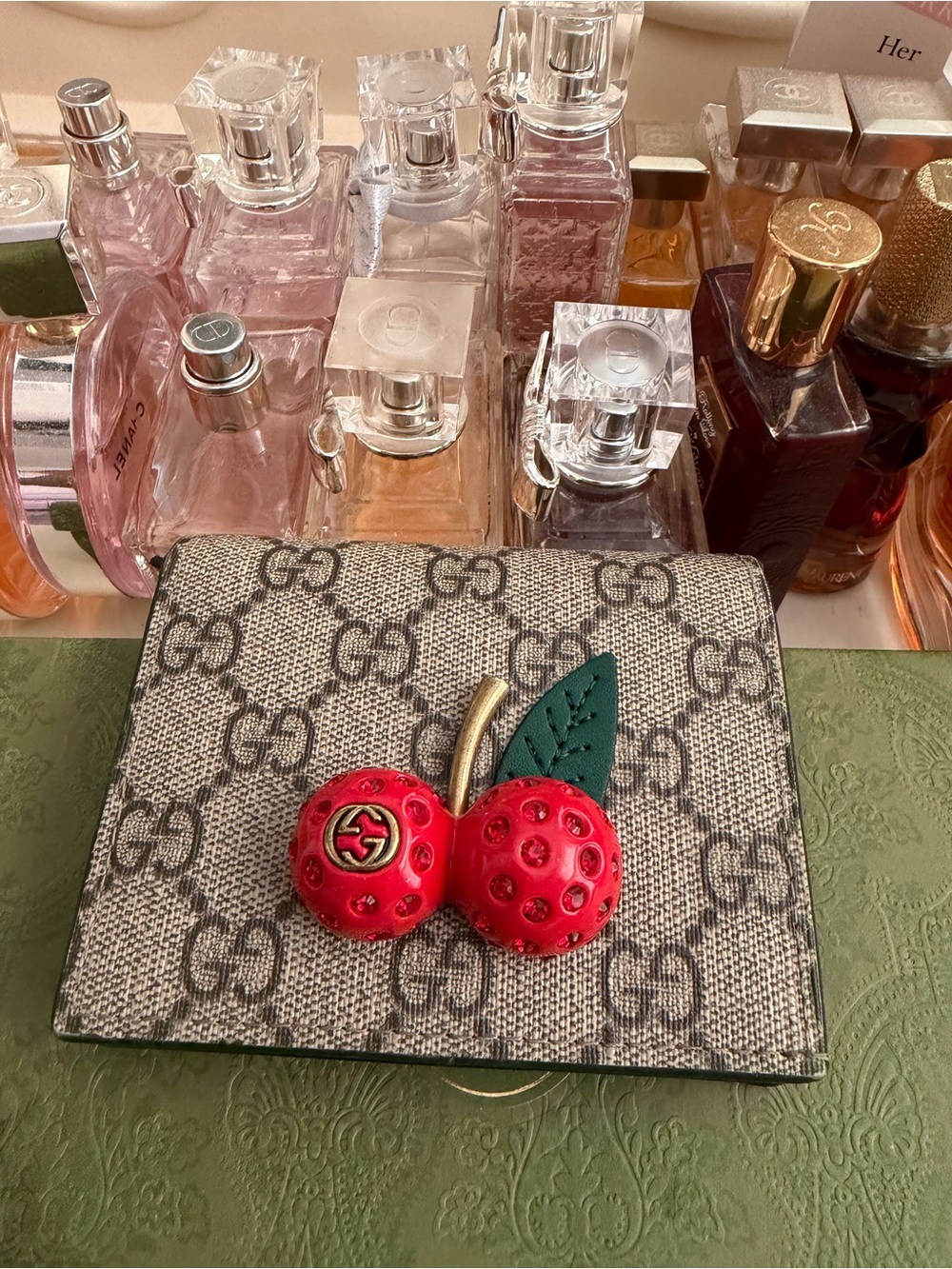 Gucci Beige/Gray GG Supreme Wallet with Red Cherry and Green Leaf
